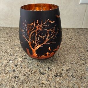 Black and Orange Stemless Wine Glass with Tree Design